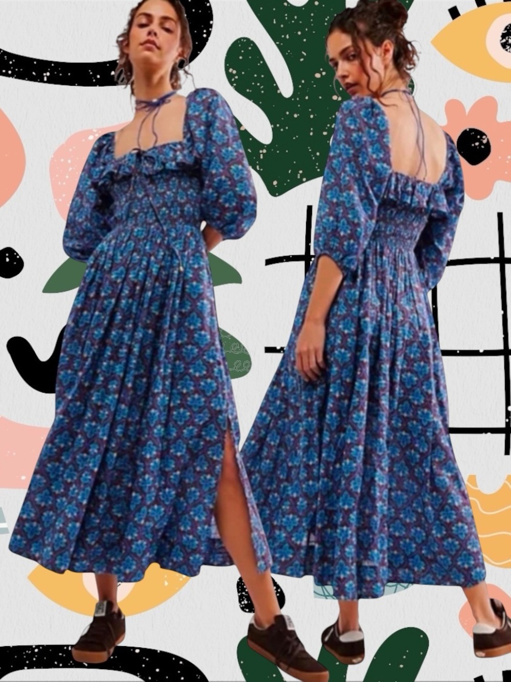 Free People | Oasis Printed Blue Peasant Puff Sleeve Midi Dress